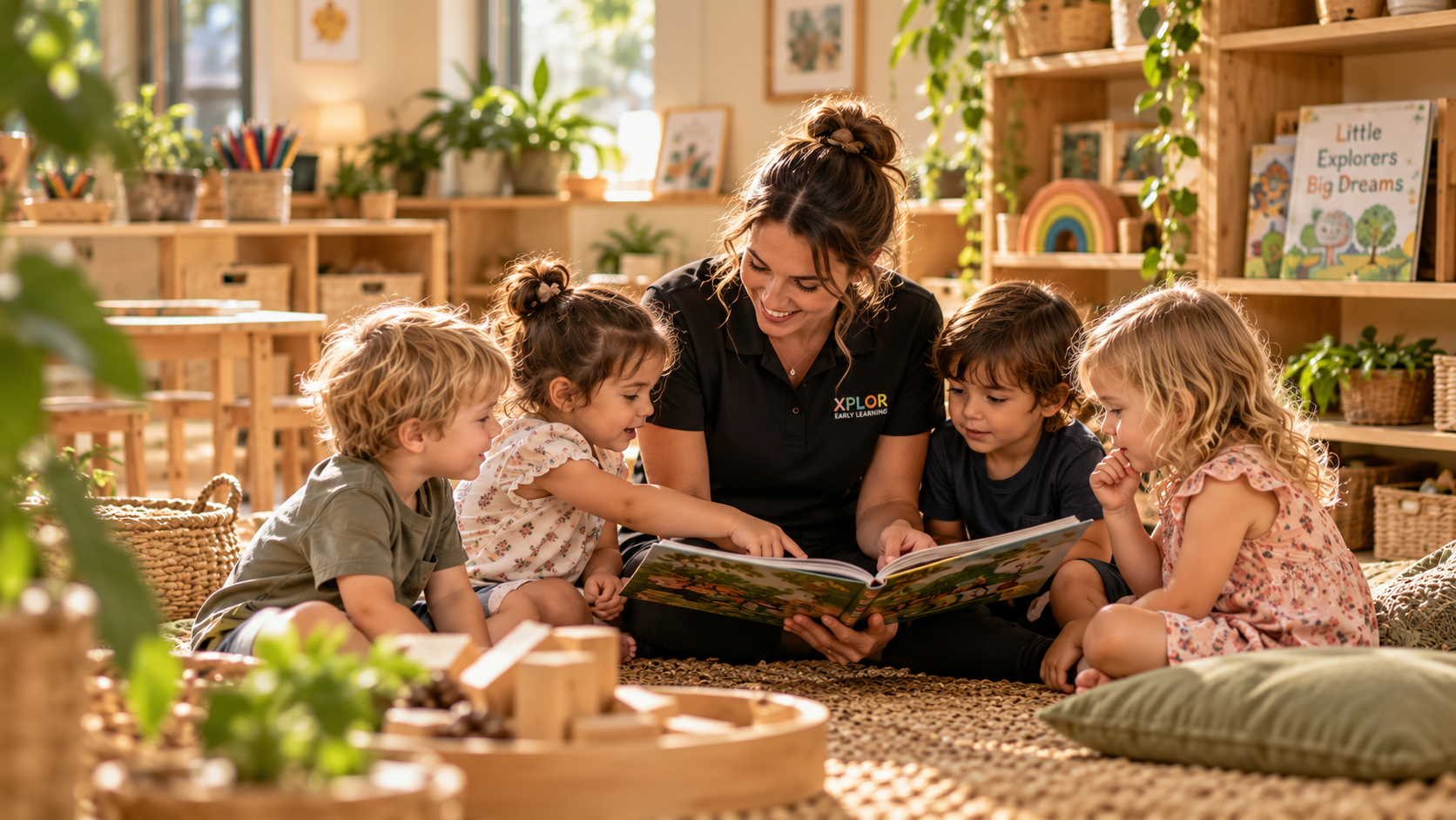 An educator in a black Xplor polo reading a picture book with four children on a woven rug in a sunlit room with timber shelves and plants