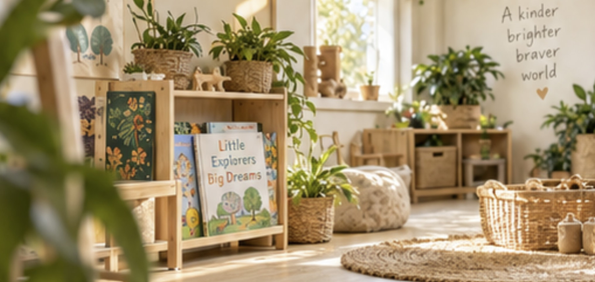 Sunlit reading nook with a timber bookshelf of picture books, potted plants, woven baskets and a jute rug