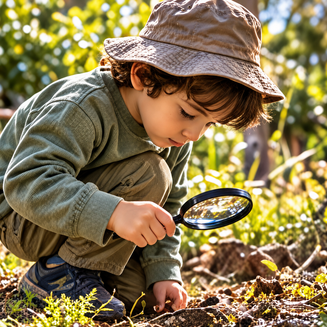 A child in a brown sun hat crouching outdoors and examining soil and small plants with a magnifying glass