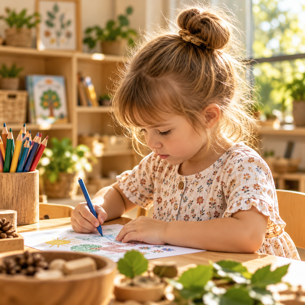 A child in a floral shirt drawing with a blue pencil at a timber table beside coloured pencils, plants and natural materials