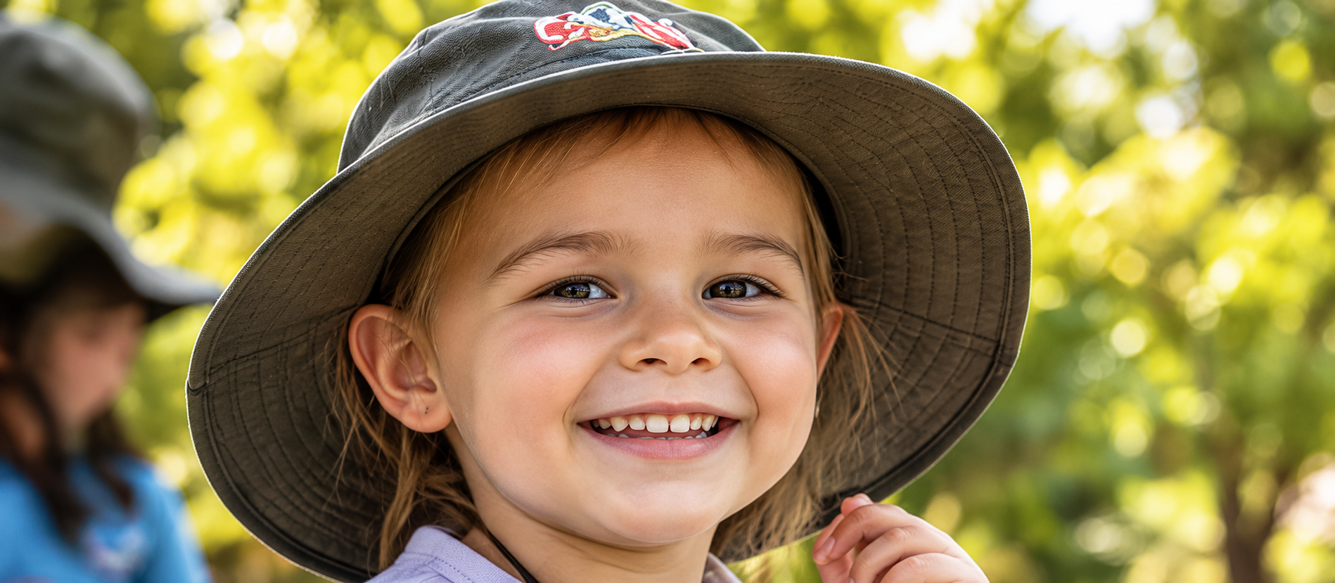 A smiling child in a sun hat looking at the camera in the sunlit outdoor yard at Xplor Coomera