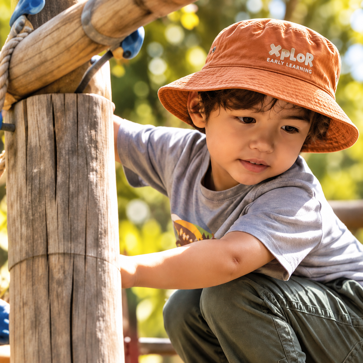 A child wearing an orange Xplor sun hat climbing a timber playground structure outdoors