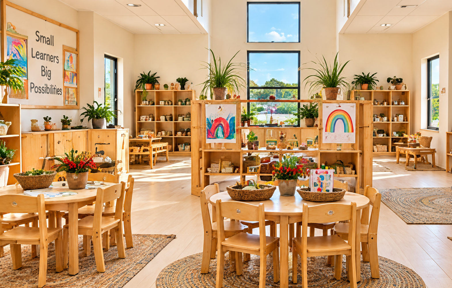 Sunlit Xplor Coomera classroom with timber furniture, plants and children's artwork displayed on the shelves