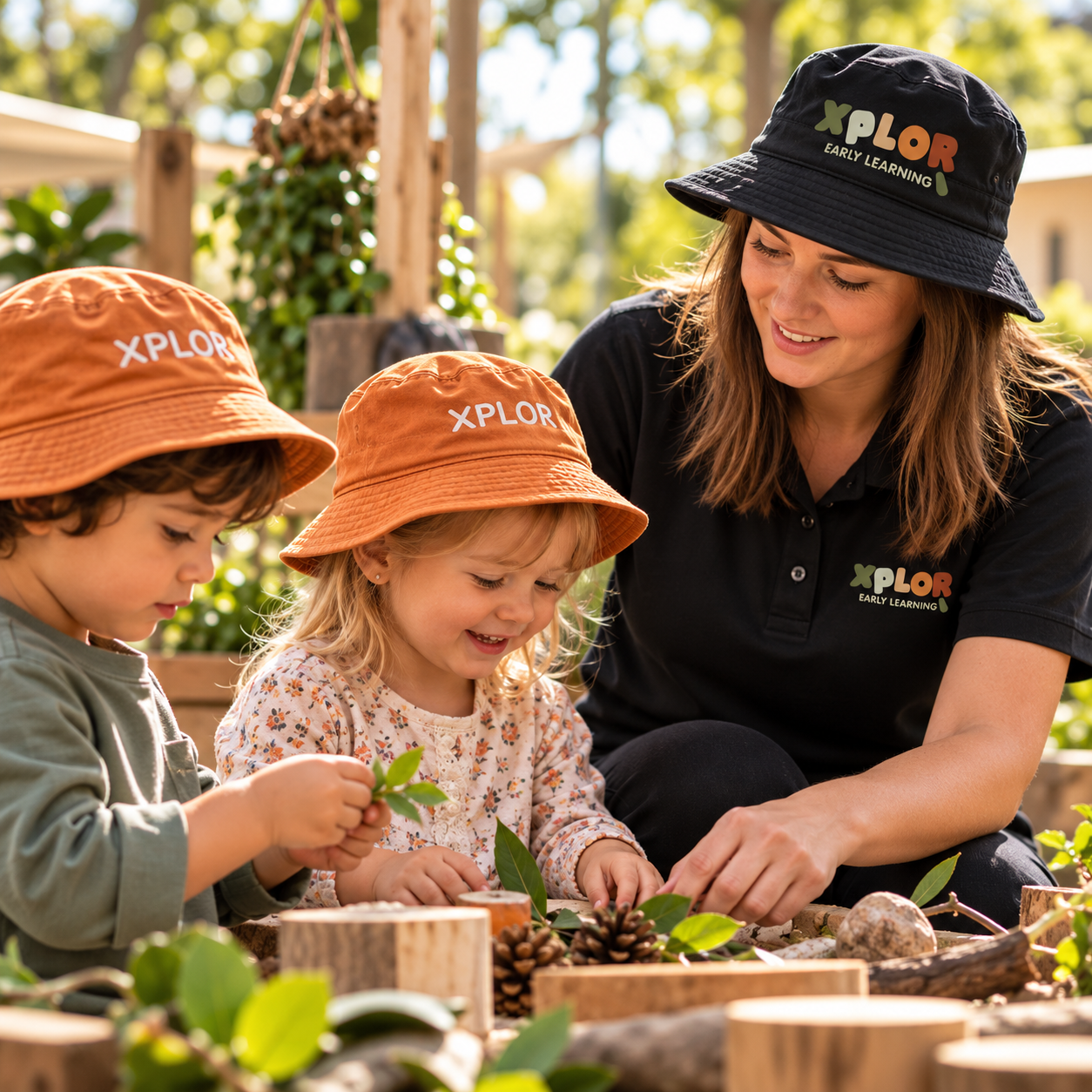 An educator in a black Xplor polo and sun hat exploring leaves, pine cones and natural materials with two children wearing orange Xplor hats outdoors