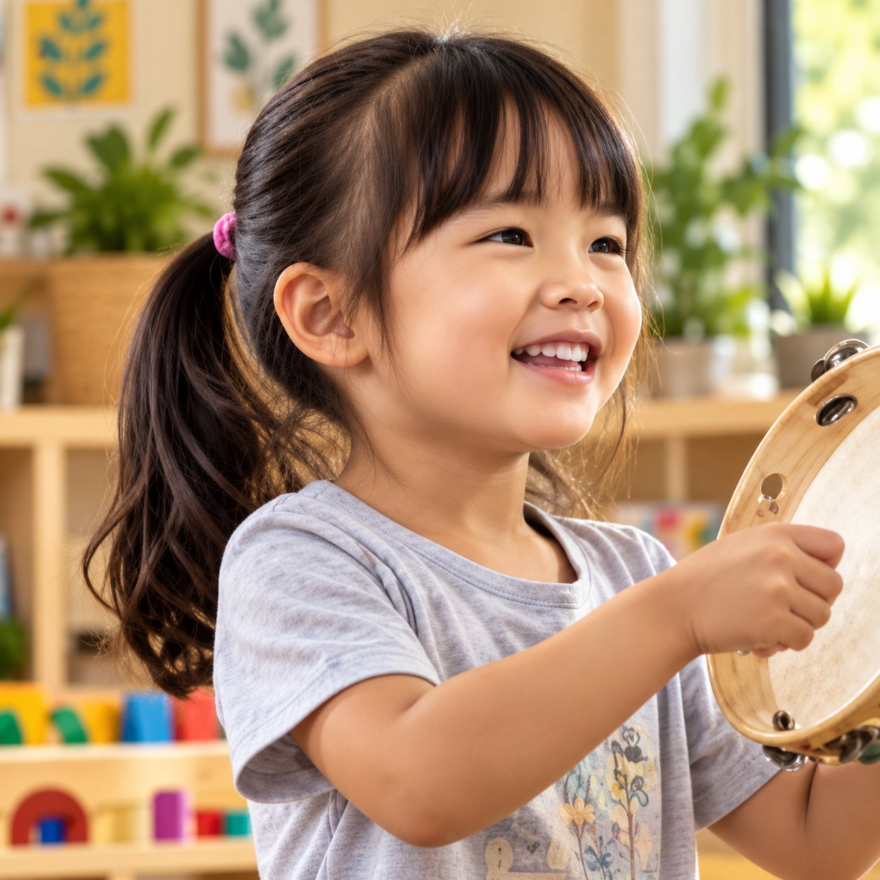 A smiling child with dark pigtails holding a tambourine in a bright room with timber shelving and plants