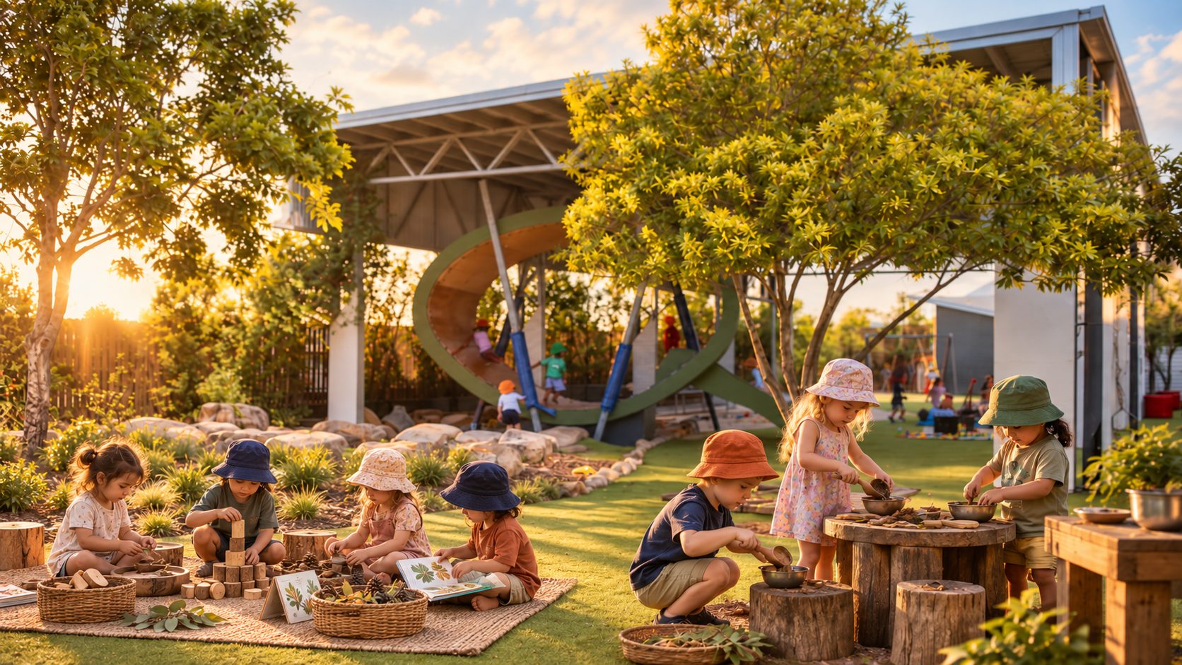 Children exploring natural materials together in the sunlit outdoor play environment at Xplor Coomera
