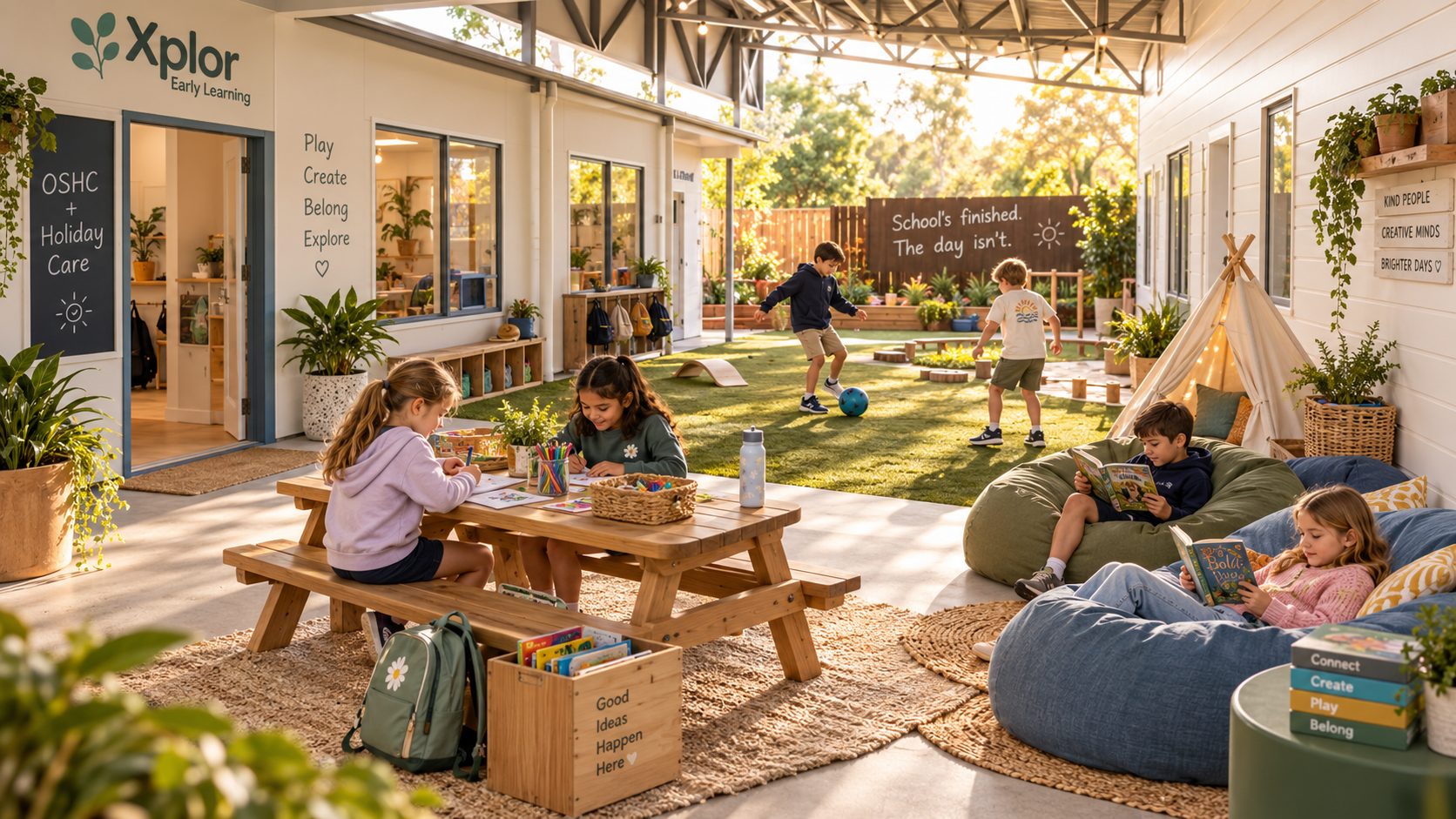 School aged children reading on bean bags and playing on the lawn in the Xplor Coomera outside school hours care space