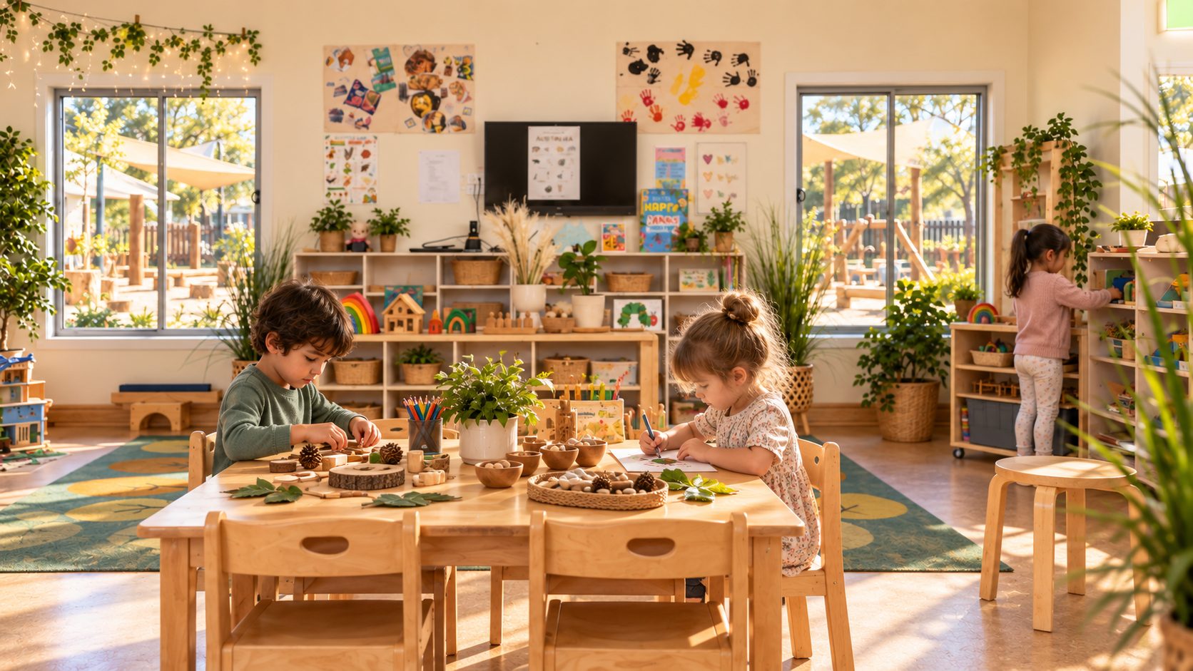 Two children working at a long wooden table in a light filled Xplor Coomera learning room with open shelving and plants