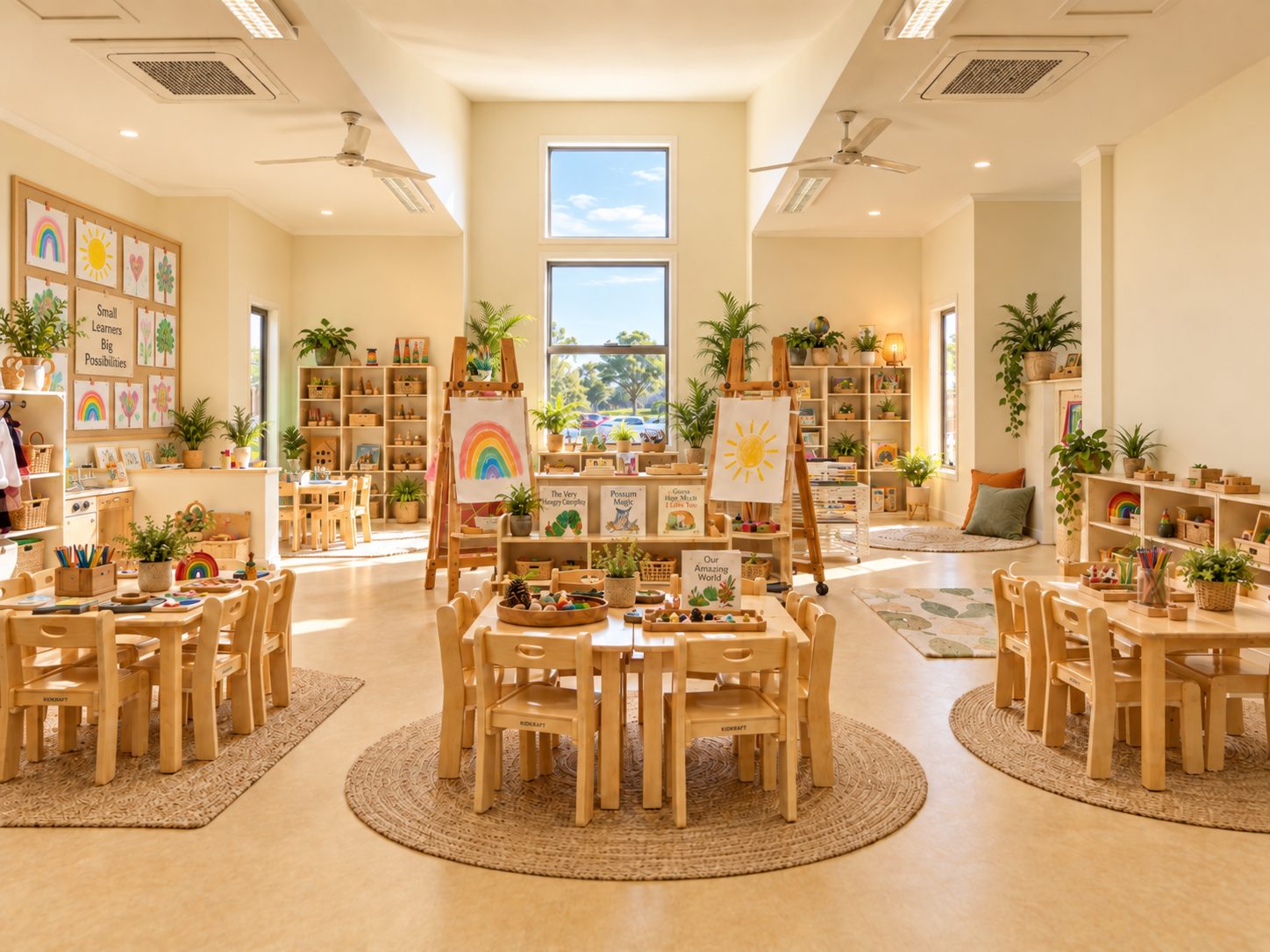Junior Kindy classroom at Xplor Coomera with wooden tables, a rainbow display and windows looking onto the garden