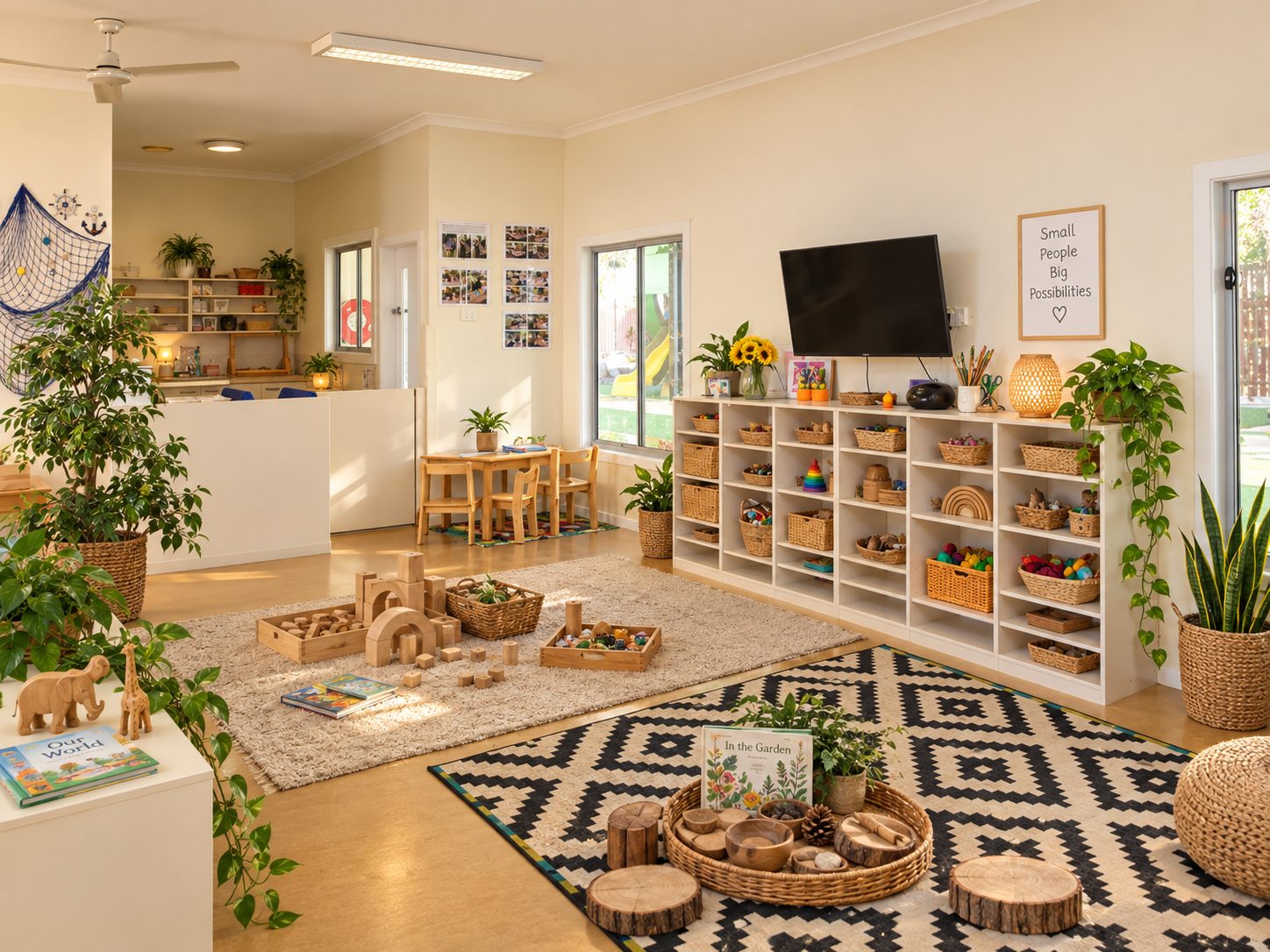 Junior Kindy room at Xplor Coomera with a long wooden table, open shelving and a television screen above low storage