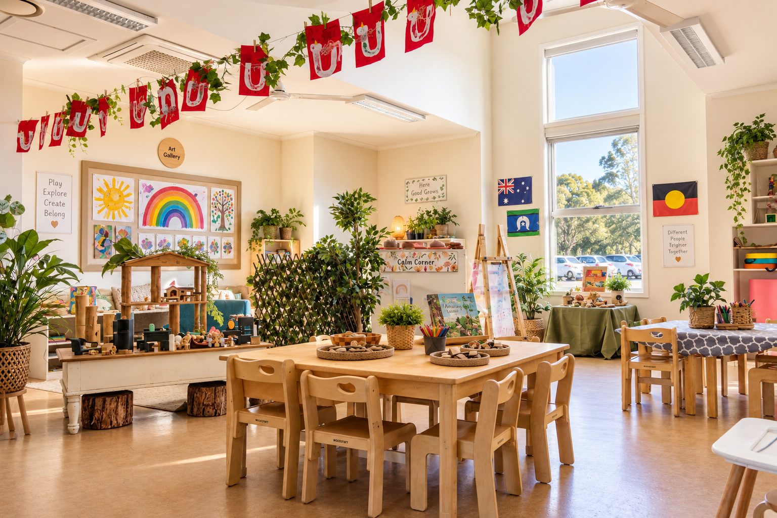 Kindergarten room at Xplor Coomera with a calming corner, soft seating, plants and natural timber shelving