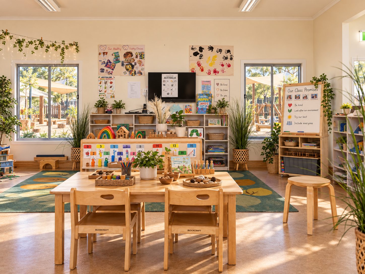 Kindergarten room at Xplor Coomera with wooden tables, rainbow artwork, Australian and Aboriginal flags and garden views
