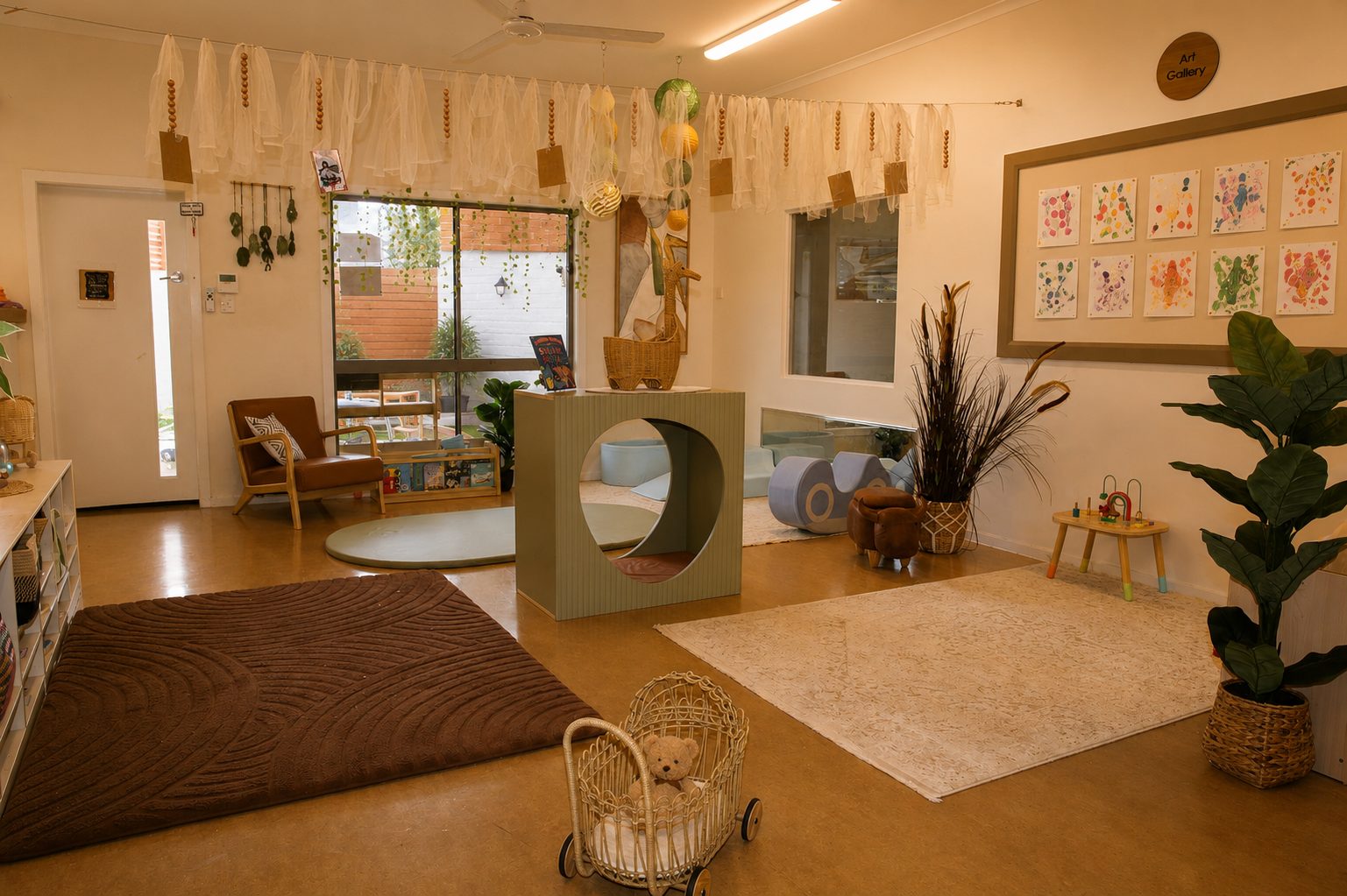 Nursery learning environment at Xplor Coomera with woven baskets, wooden shelving and a large indoor plant beside the window