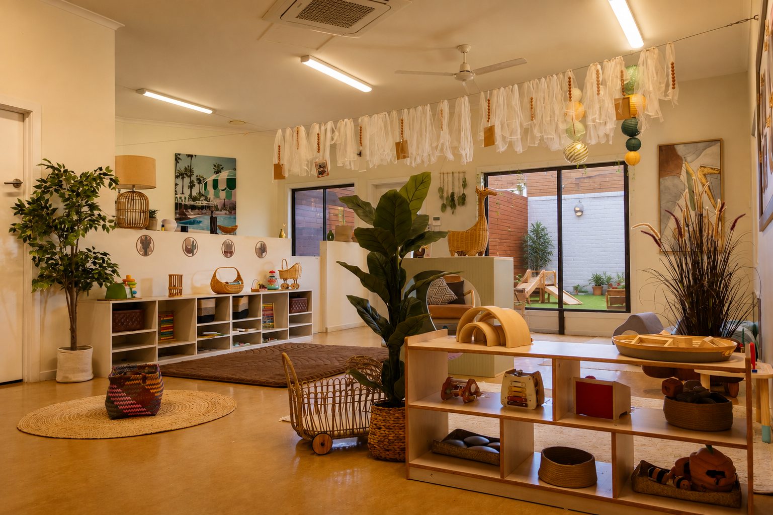 Xplor Coomera babies room with a soft crawl tunnel, low mirror and hanging macrame details above a rug