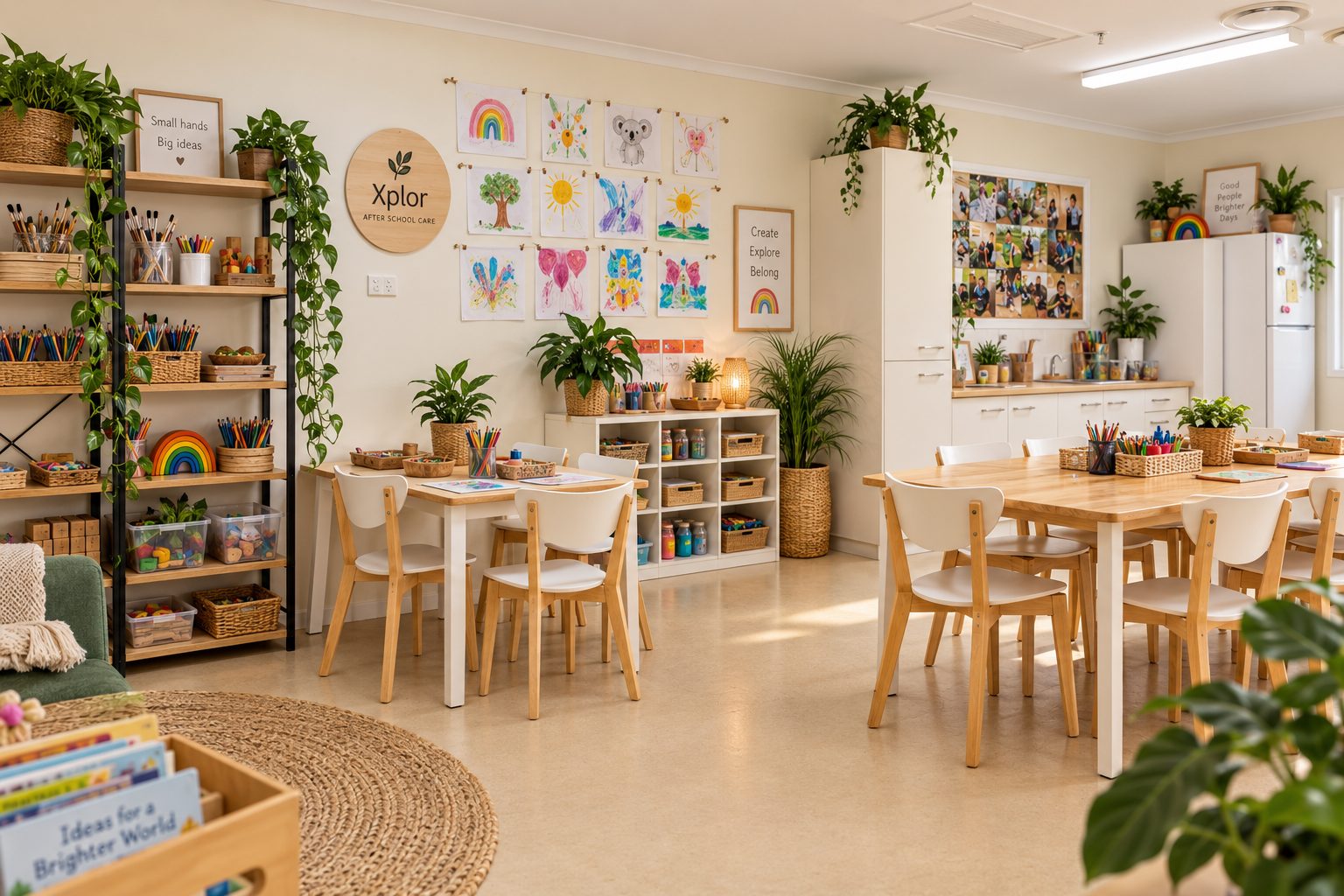 OSHC learning space at Xplor Coomera with board games on a purple rug, bookshelves and craft materials