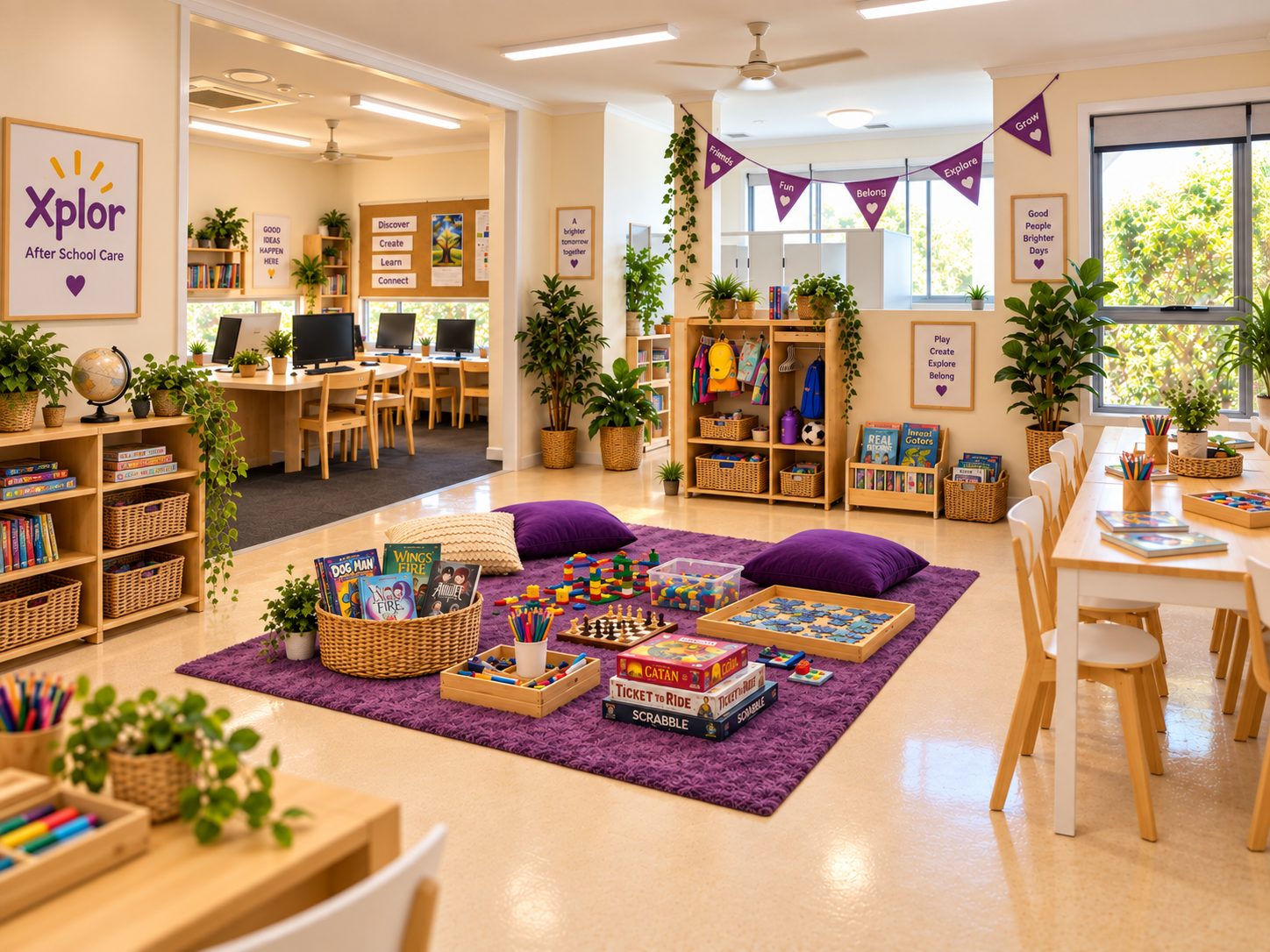 Before school care space at Xplor Coomera with tables set for breakfast style activities and reading baskets
