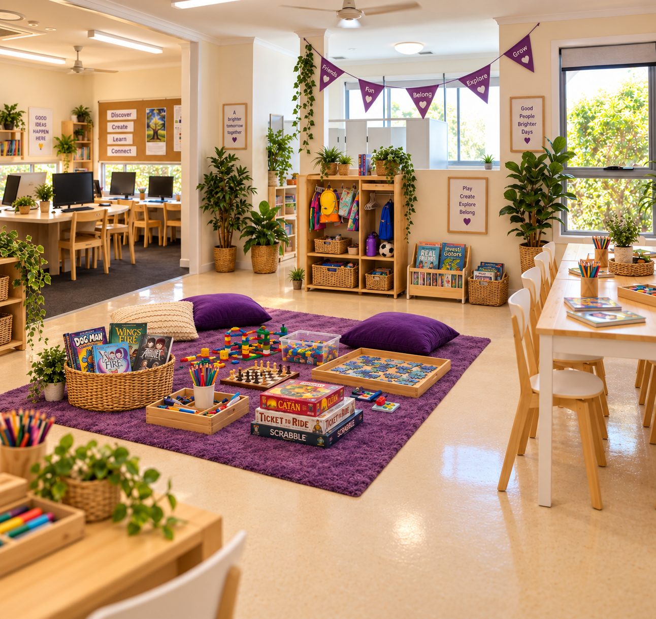 Holiday care space at Xplor Coomera with games laid out on the floor rug and open shelves of activity boxes