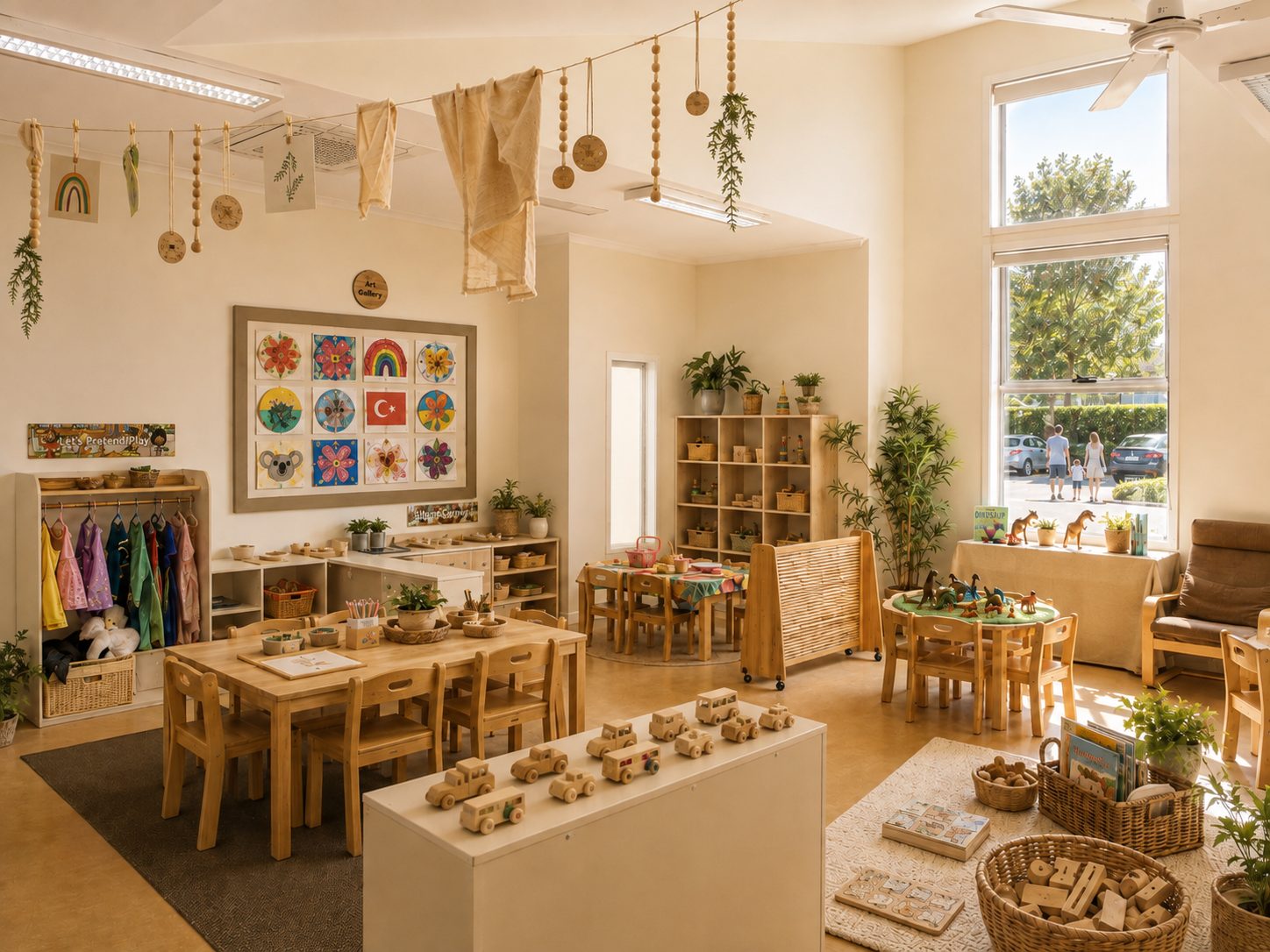 Senior Kindy learning environment at Xplor Coomera with easels, project tables and children's artwork displayed on the wall