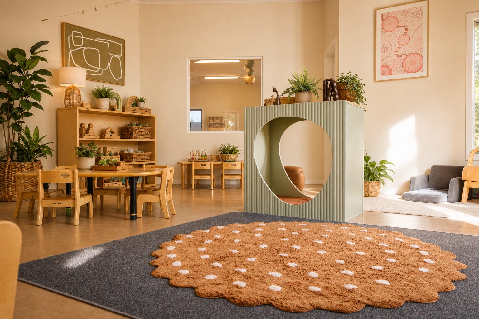 Toddler 1 learning environment at Xplor Coomera with easels, wooden tables and open shelving of natural resources