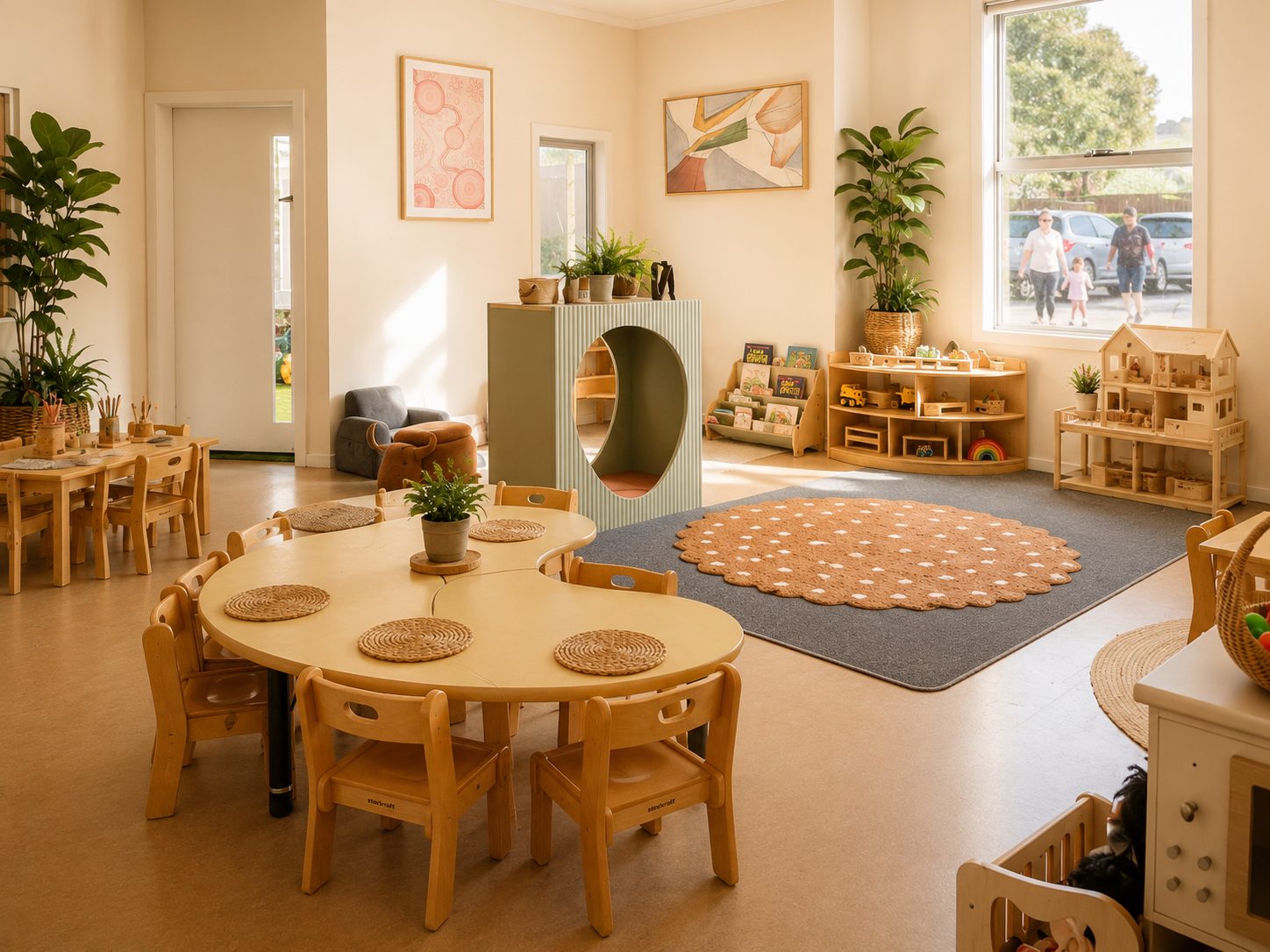 Toddler 1 room at Xplor Coomera with a round wooden table, patterned rug and a green cubby arch