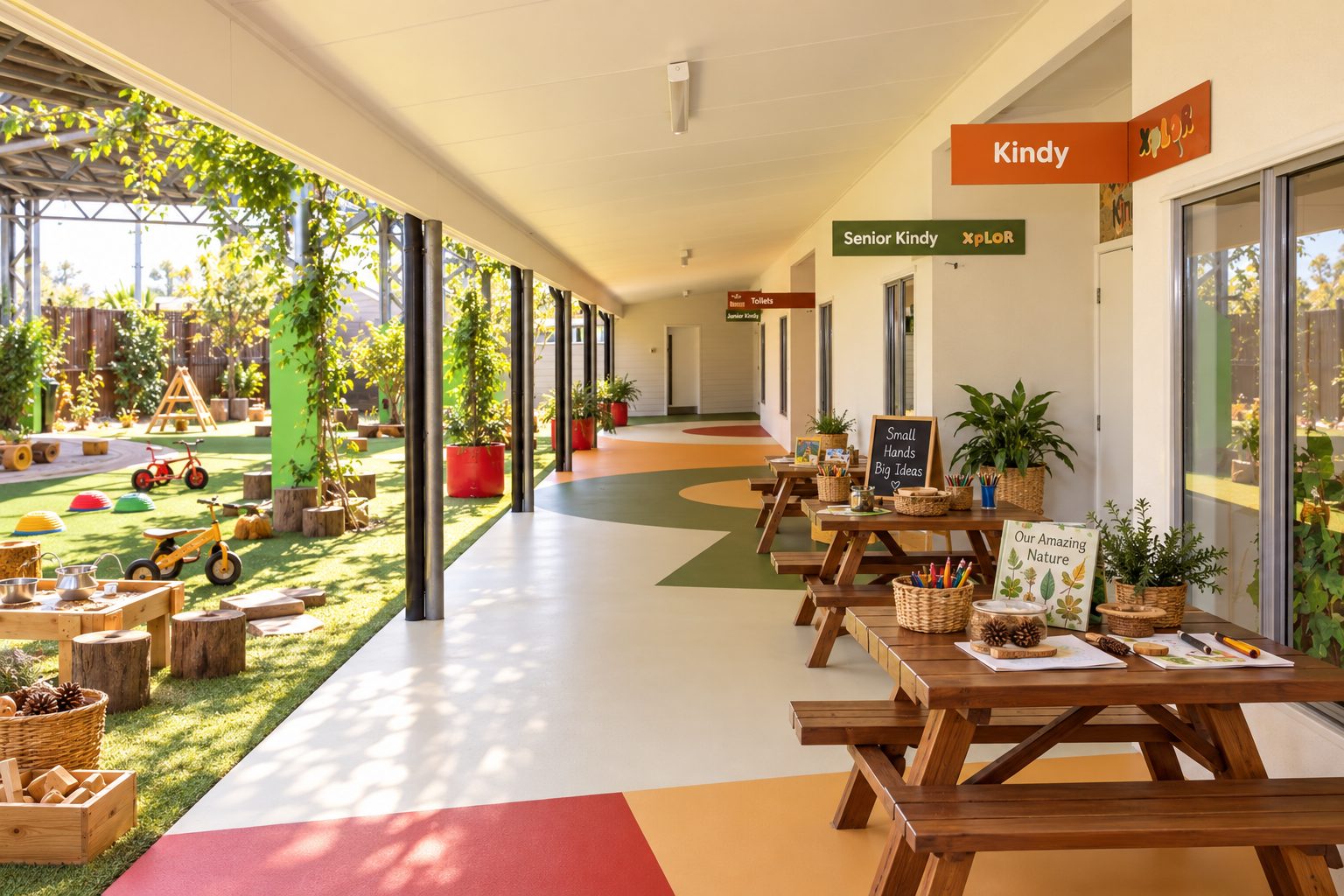 Covered verandah at Xplor Coomera linking the rooms to the yard, with planting trolleys and clear sightlines