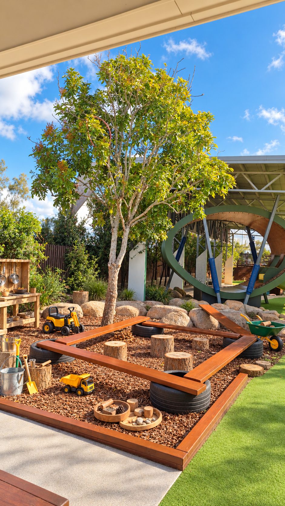 Nature play area at Xplor Coomera with timber edged garden beds, rocks and a shade tree