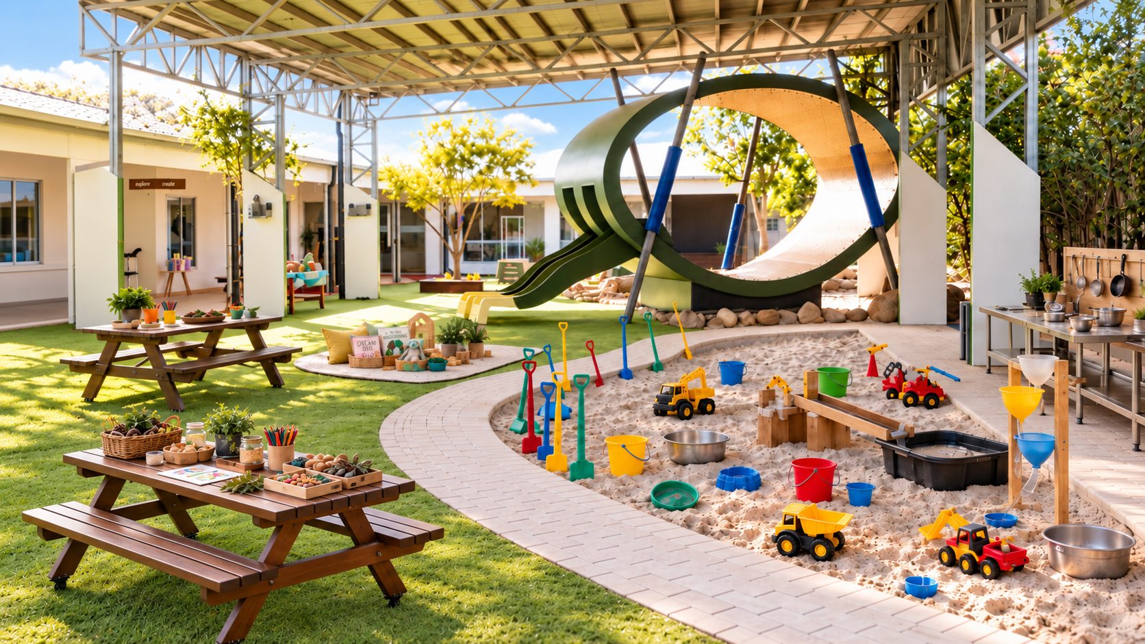 Xplor Coomera outdoor play yard with a large green tunnel climber, sandpit and shaded picnic tables