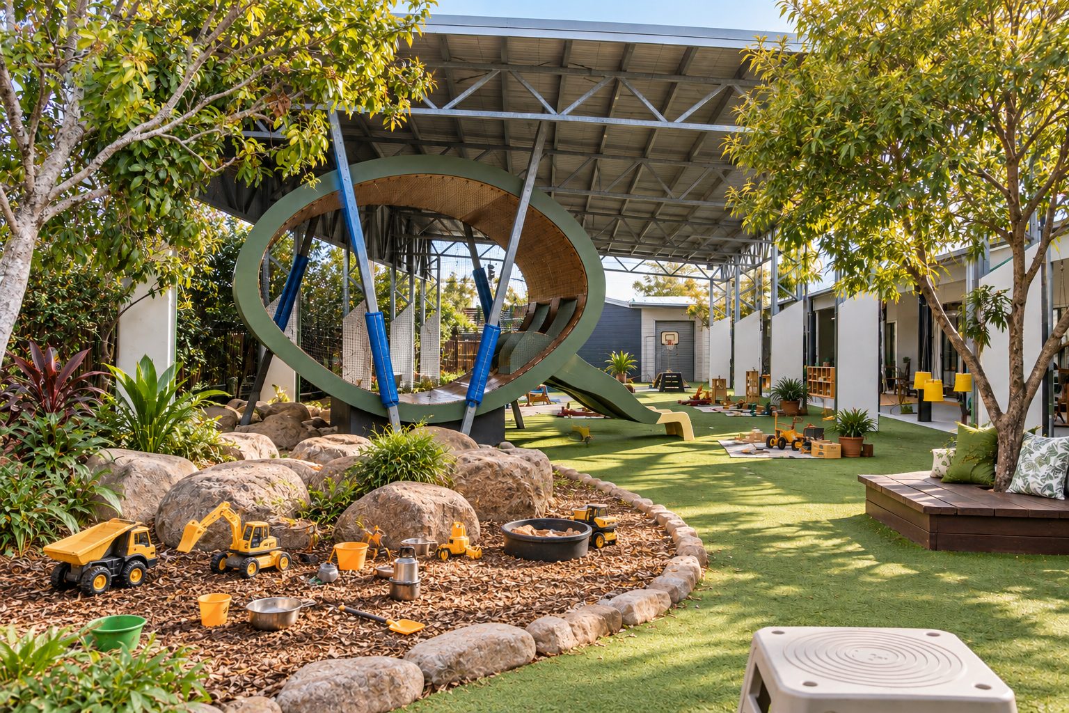 Sandpit and digging area at Xplor Coomera with trucks, buckets and a rock border under the shade structure