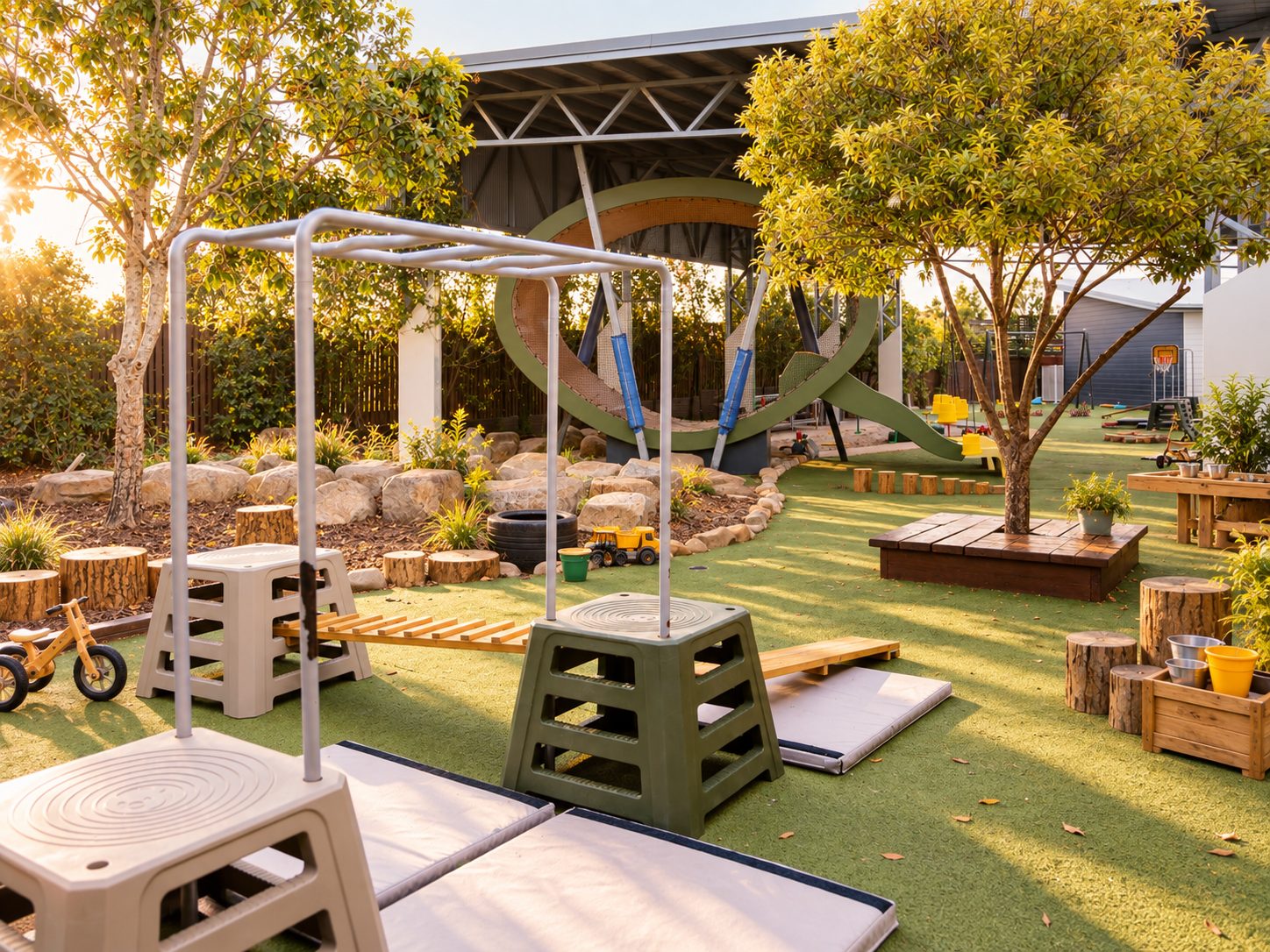 Grassed yard at Xplor Coomera with a low climbing frame, balance beams and bike track beside mature trees