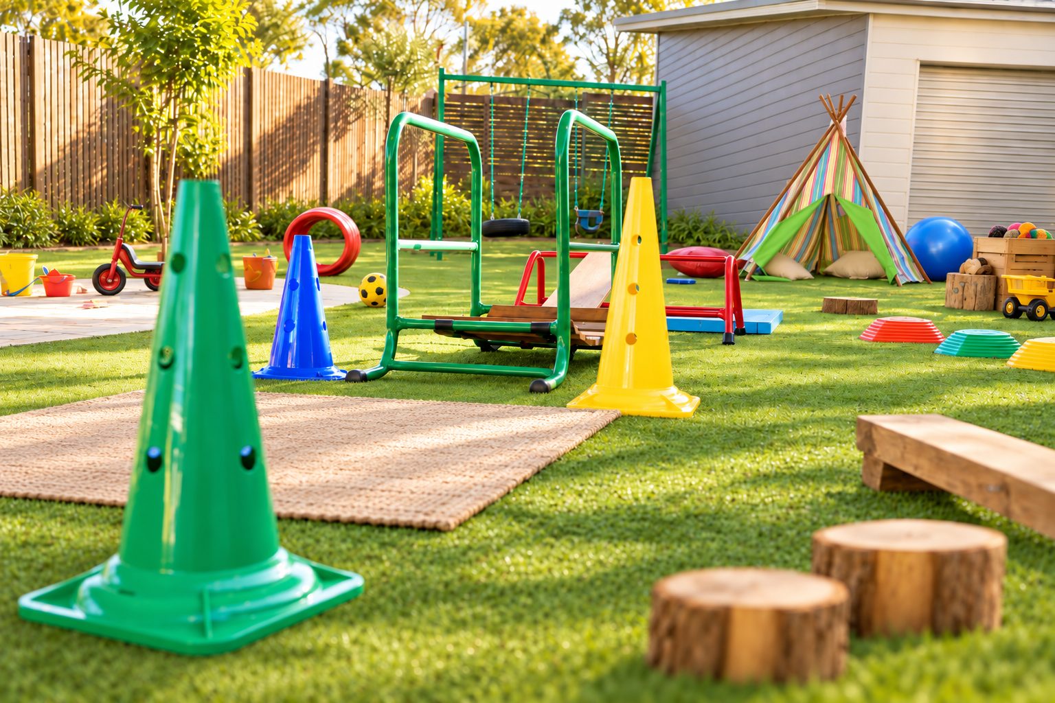 Open lawn at Xplor Coomera with climbing cones, a swing frame, tree stumps and a garden teepee